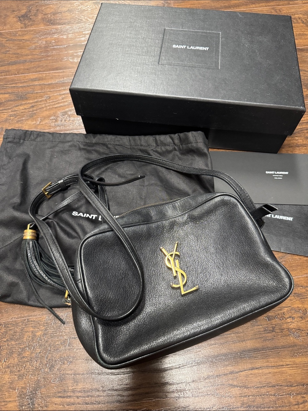 Saint Laurent Black Leather Shoulder Bag with Gold YSL Logo